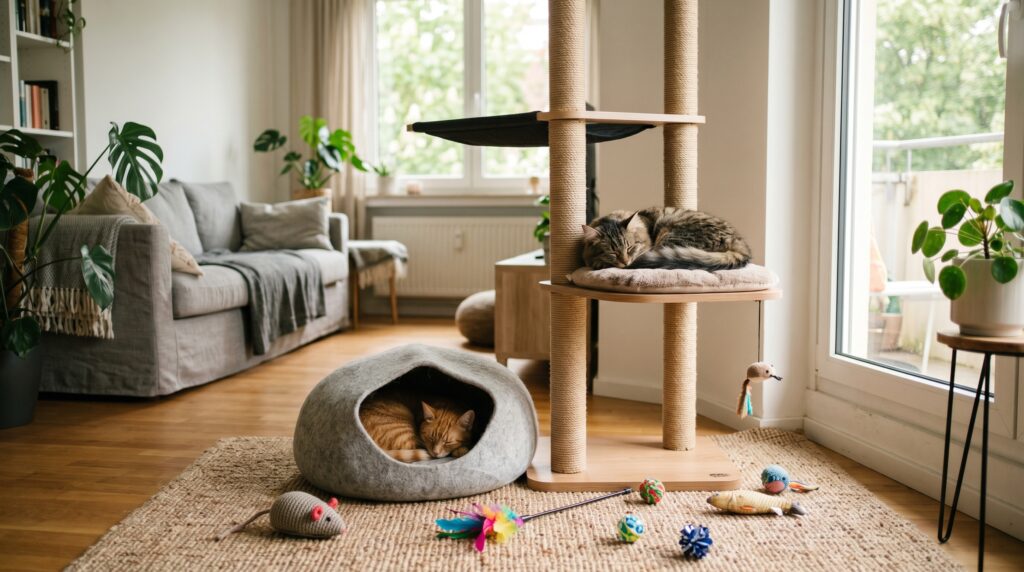 Comfortable sleep environment to prevent anxiety in a cat sleeping with bum in face