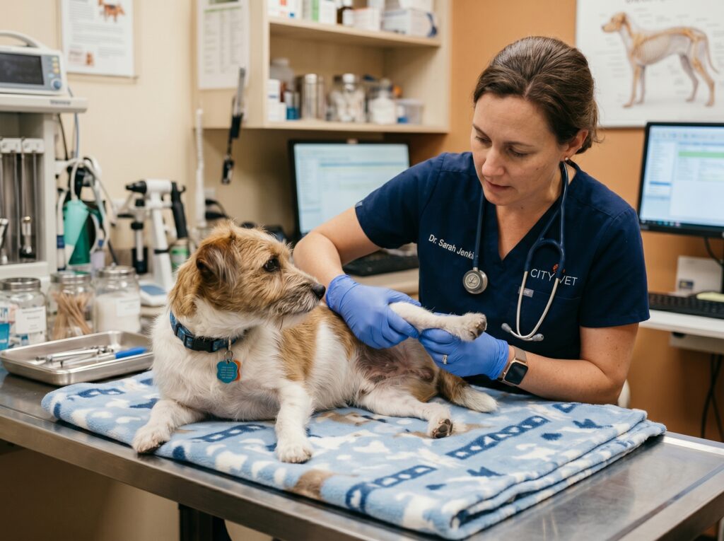 Veterinarian examining a dog to find the cause behind dog freezing on walks