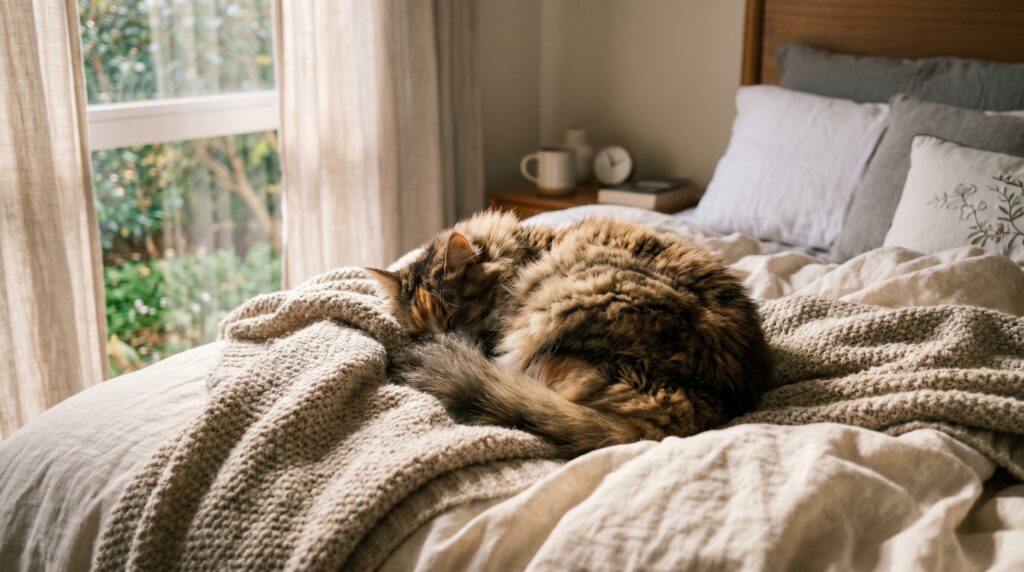 A fluffy cat sleeping with bum in face showing deep trust to its owner