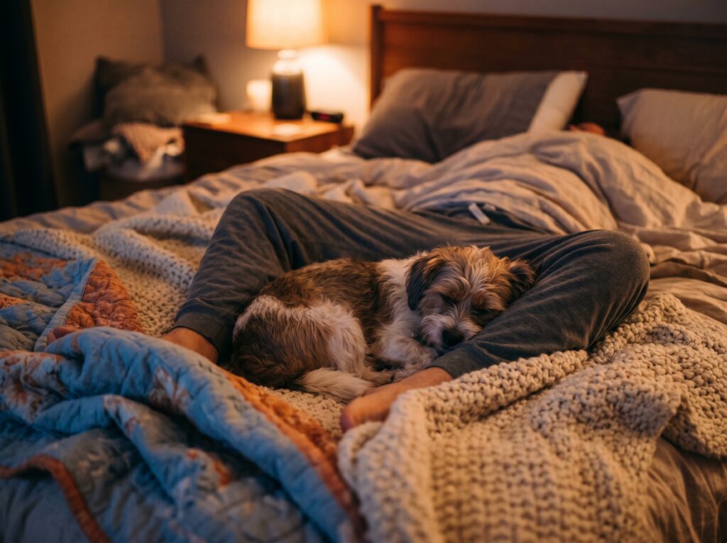 A cute dog sleeping between legs of its owner on a cozy bed feeling safe and warm