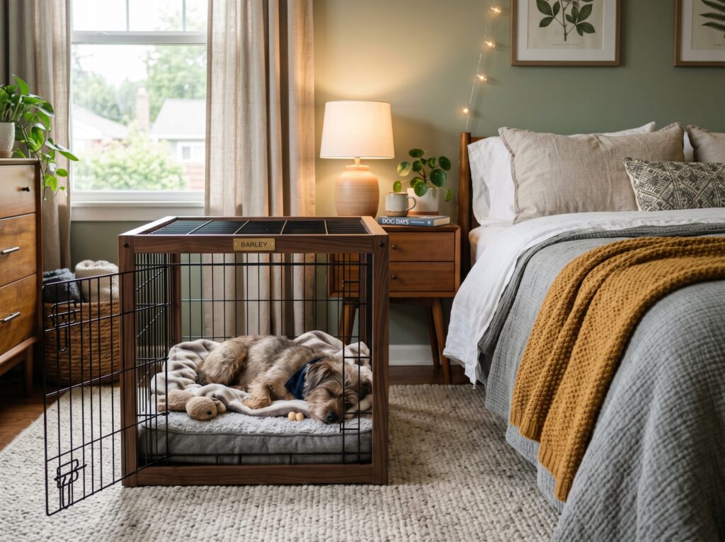 A relaxed dog resting in a comfortable crate demonstrating healthy sleep habits instead of a dog sleeping between legs