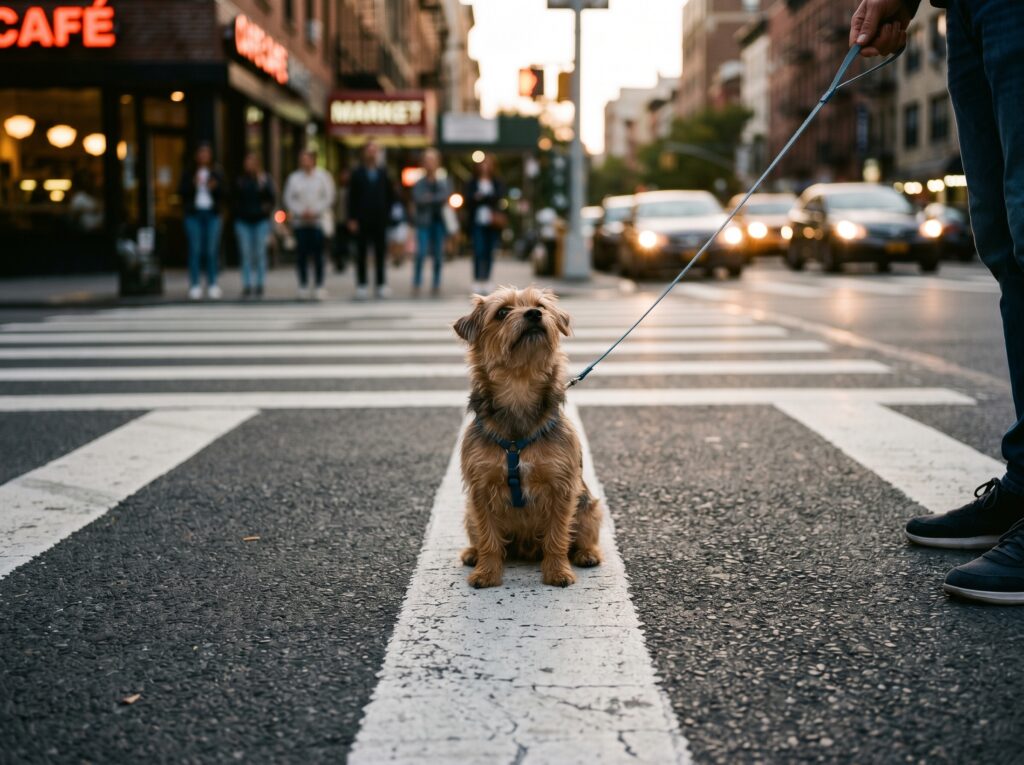 A small pup experiencing dog freezing on walks in the middle of a crosswalk
