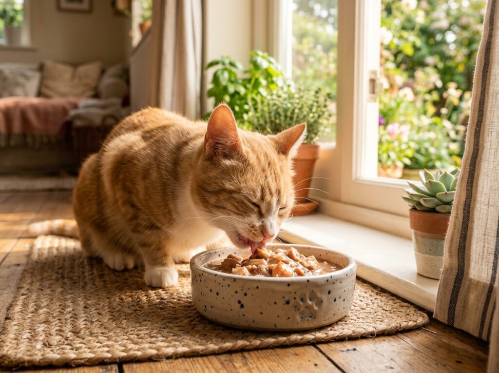 A healthy cat eating wet food as a great supplement to clean water for pets
