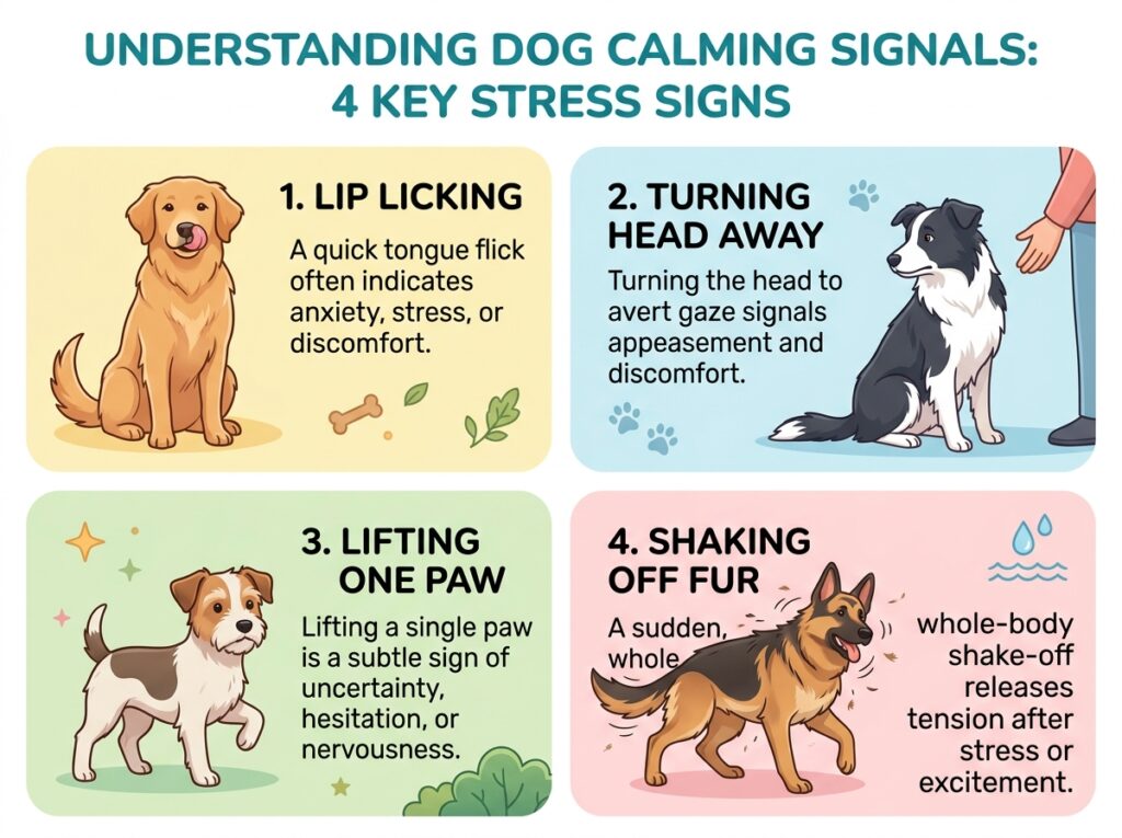 Various calming signals including a dog yawning when scolded.
