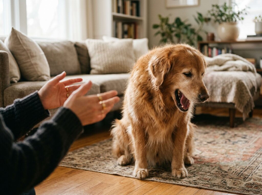 A stressed dog yawning when scolded by its owner in a living room.