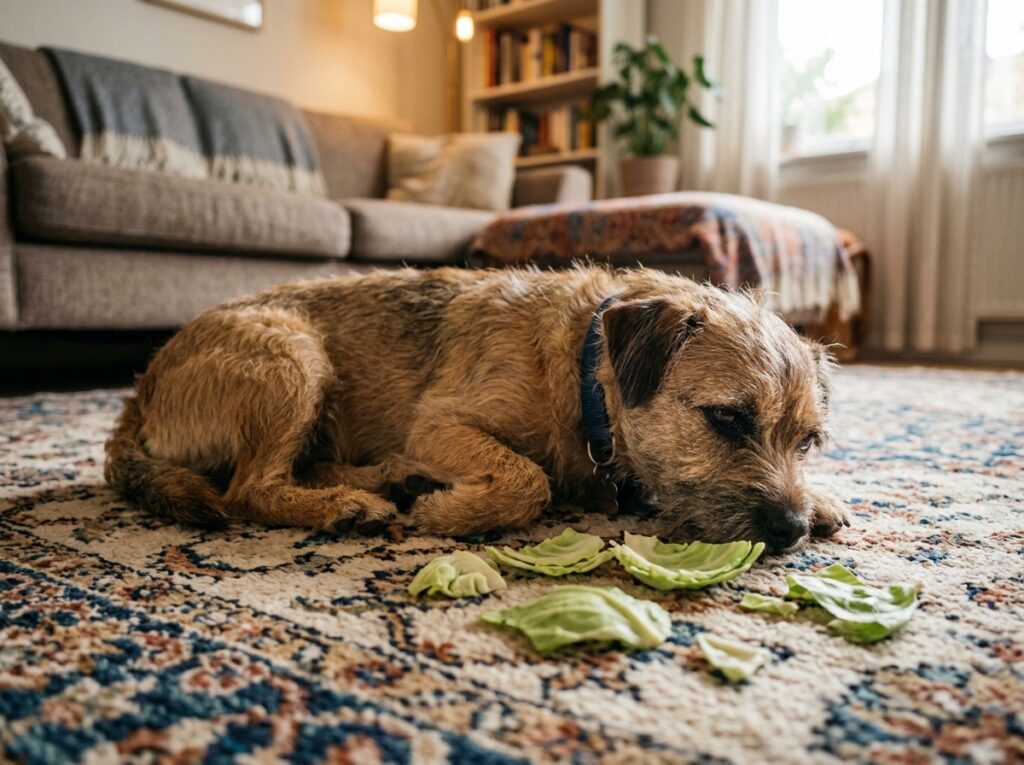 A lethargic dog illustrating the dangers of raw cabbage for dogs
