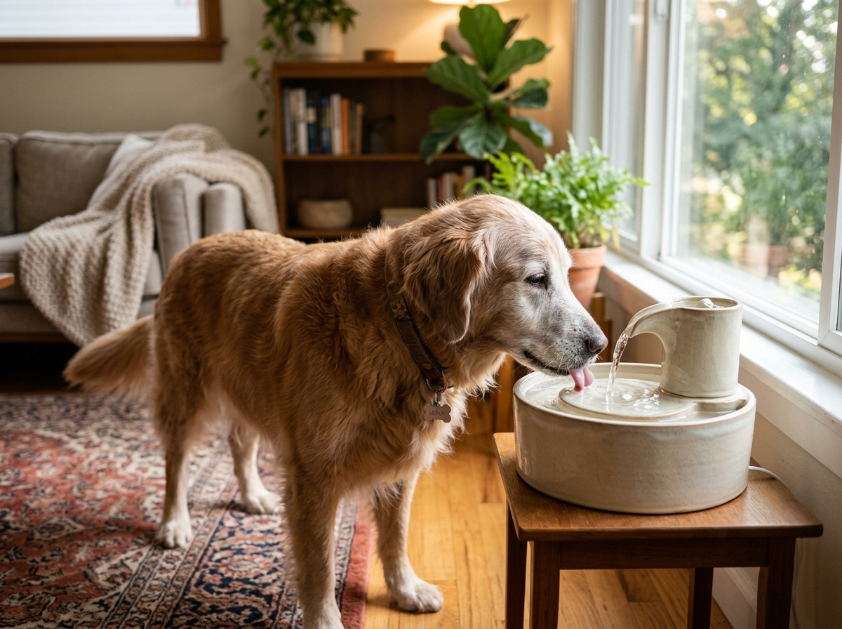 An older dog drinking clean water for pets from a fountain to prevent kidney disease