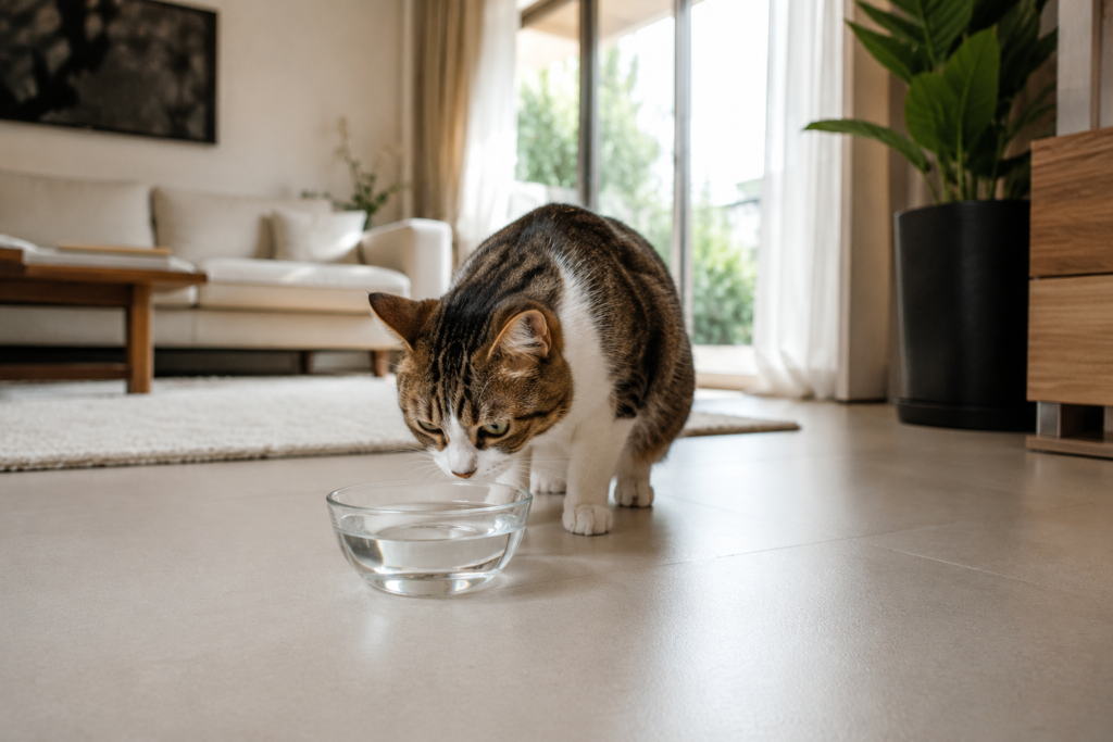 Proper cat water bowl placement in a bright living room