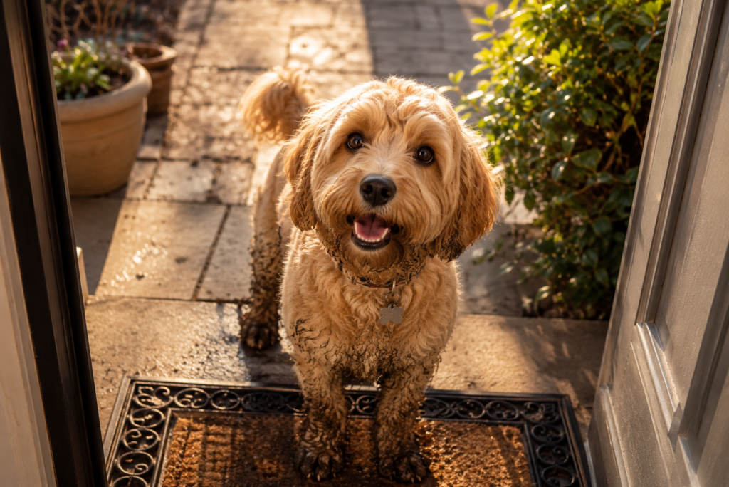 A muddy dog returning home safely thanks to the dog homing instinct
