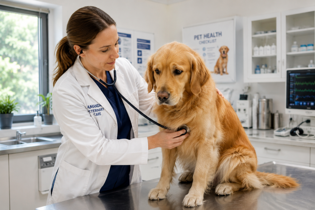 A compassionate veterinarian checking a worried dog, representing professional treatment for dogs eating grapes or cherries.