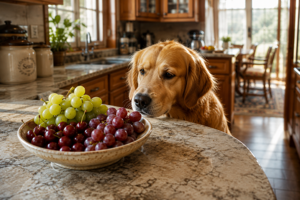 A curious Golden Retriever looking at grapes and cherries on a kitchen counter, illustrating the dangers of dogs eating grapes or cherries.