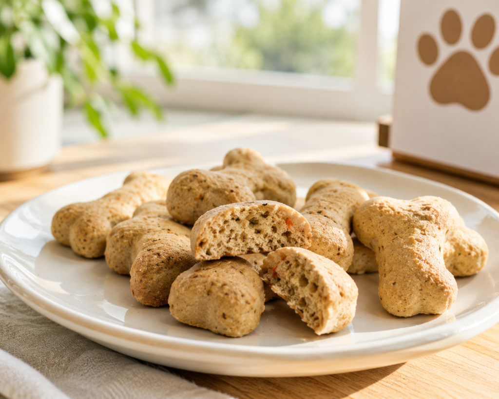 Soft and easily digestible high-protein dog treats broken in half
