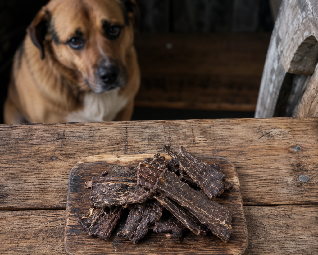 Dark and hard high-protein dog treats on a wooden table