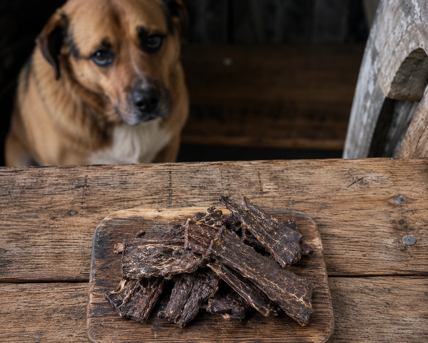 Dark and hard high-protein dog treats on a wooden table