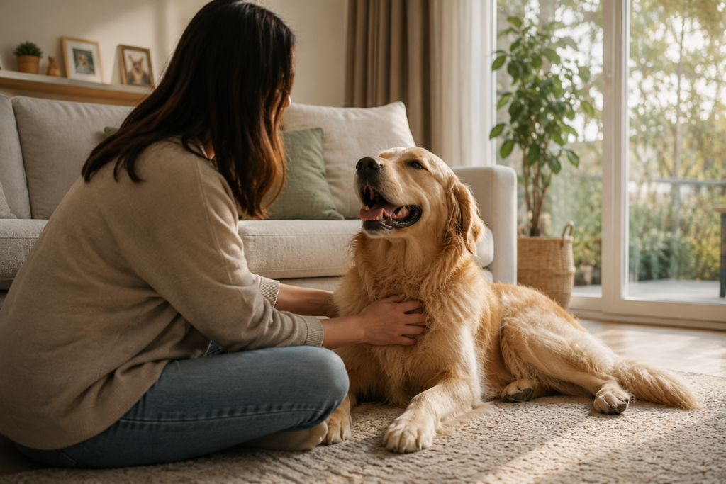 A pet owner reassuring their pet highlighting why do dogs comfort you when you cry