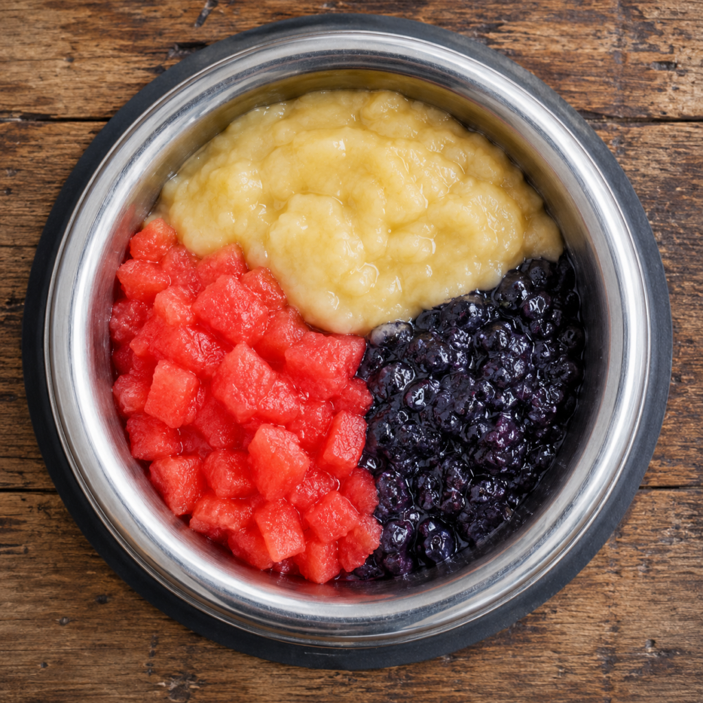 Safely prepared soft fruits for senior dogs in a bowl