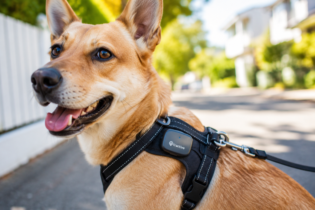 A dog wearing a GPS tracker to prevent getting lost instead of relying on the dog homing instinct