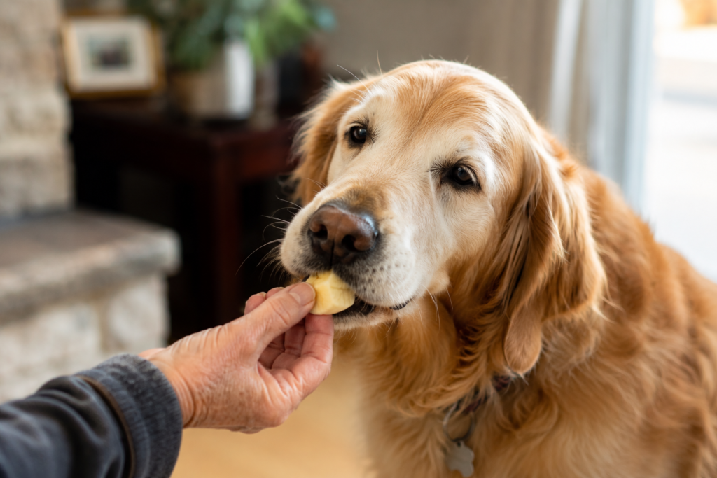 An elderly dog eating soft fruits for senior dogs from owner's hand