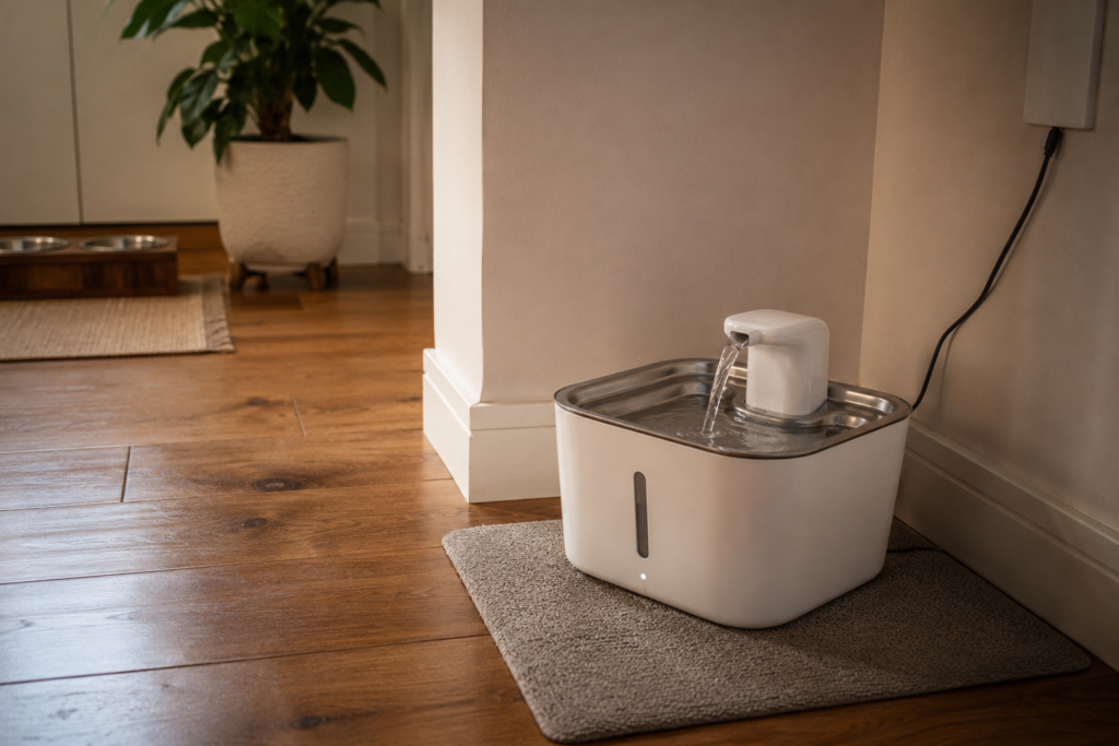 A clean cat water fountain demonstrating ideal cat water bowl placement