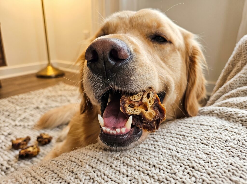 A pet owner safely holding dehydrated turkey necks for dogs to prevent the dog from gulping it down too fast.
