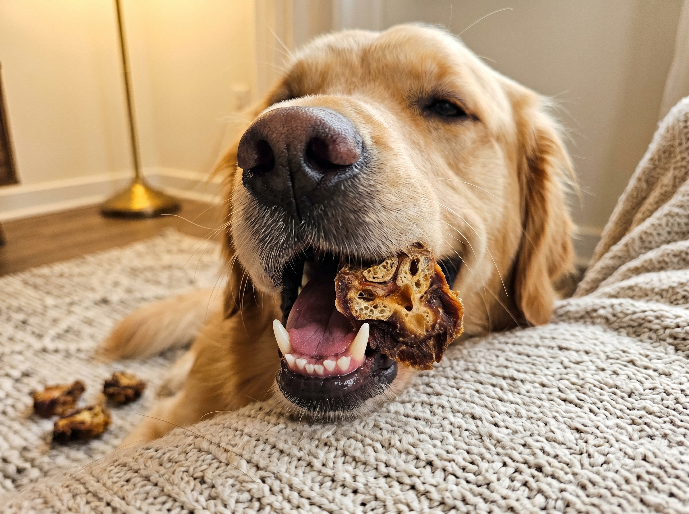 A pet owner safely holding dehydrated turkey necks for dogs to prevent the dog from gulping it down too fast.