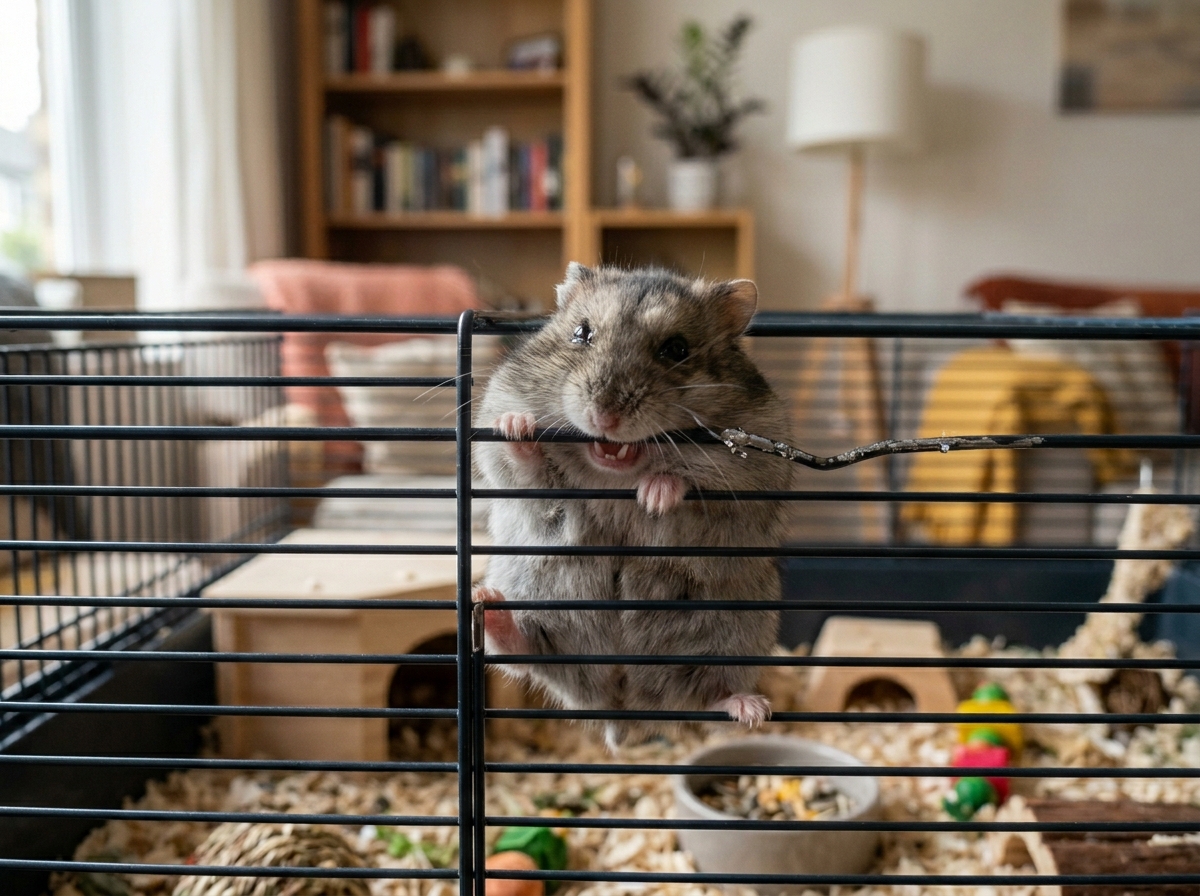 Djungarian hamster urgently chewing cage bars, highlighting common hamster behavior.