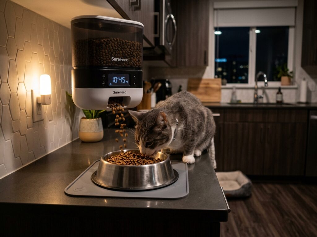 Automatic feeder dispensing food to prevent a hungry cat crying at night.