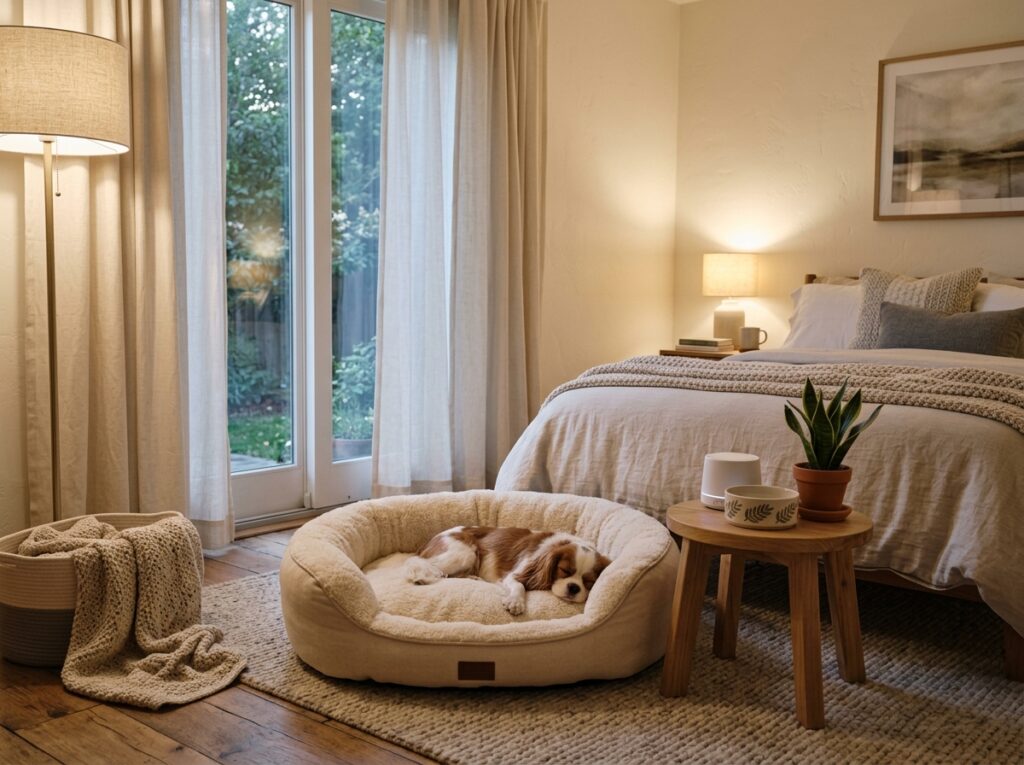 A cozy dog bed in a quiet corner designed to prevent dog sleep deprivation.