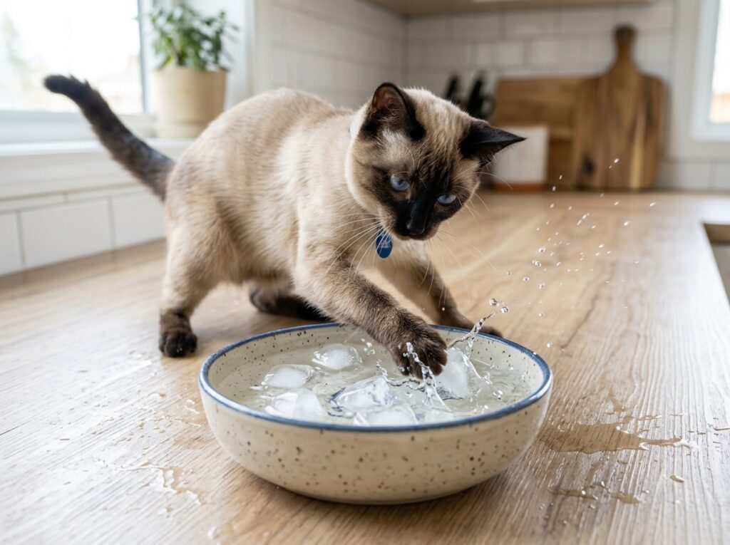 A playful cat swatting at ice cubes in water, encouraging them to increase cat water intake.