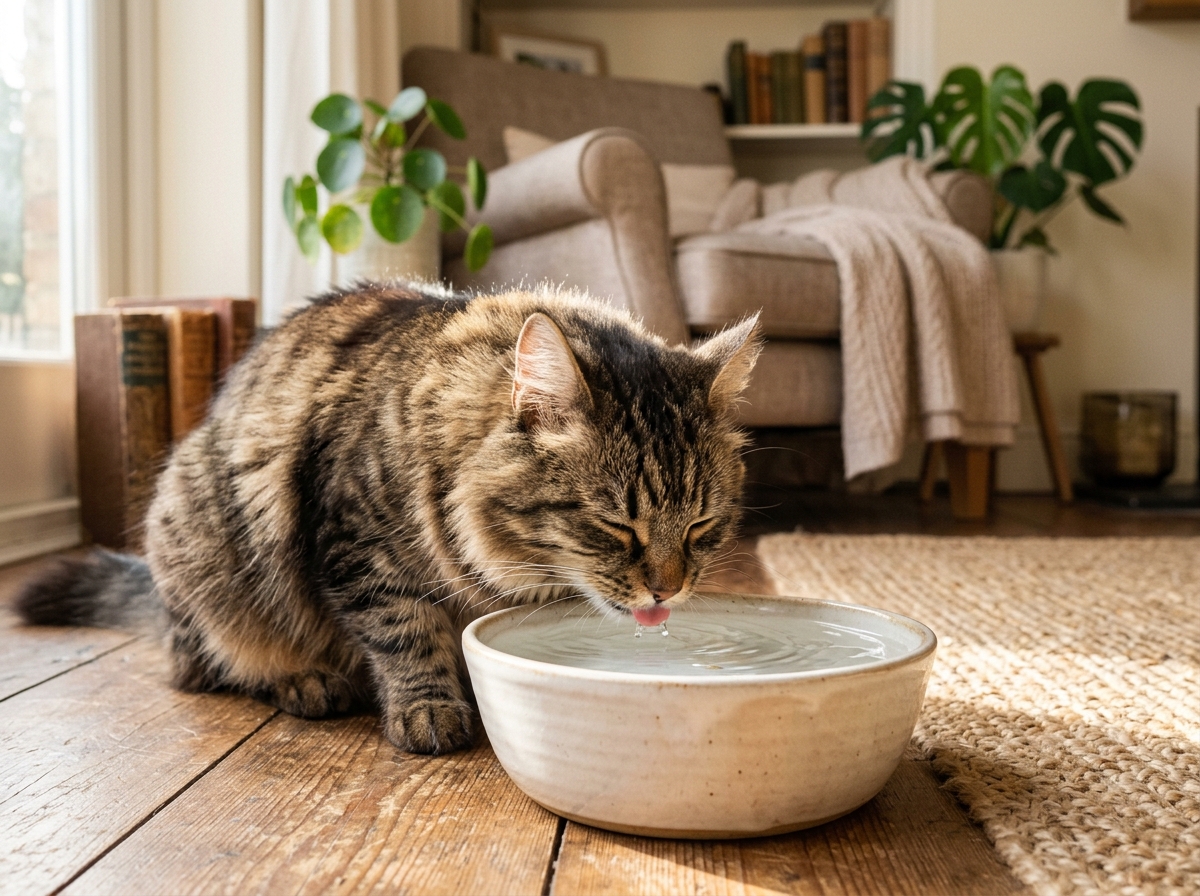A tabby cat happily drinking, showing how to increase cat water intake
