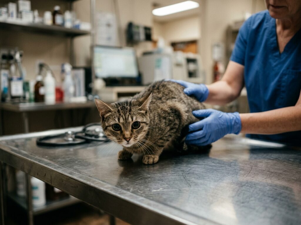 A nervous cat purring at the vet due to extreme stress and fear