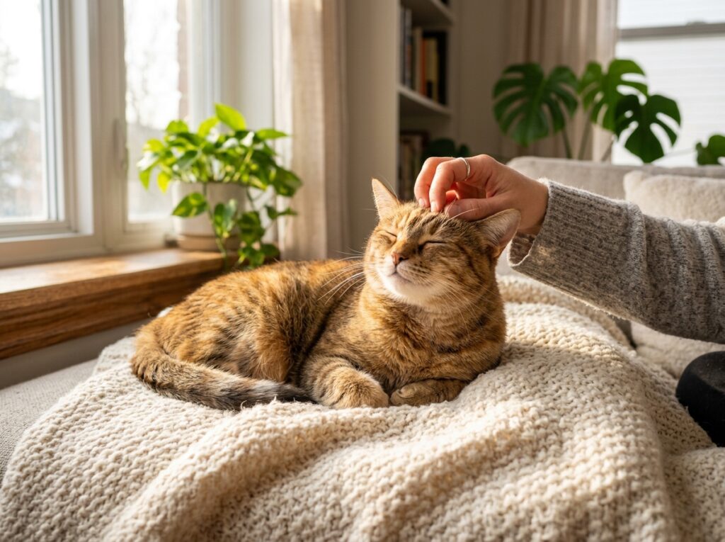 A calm cat enjoying a soothing pet acupressure massage at home