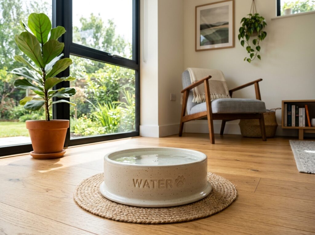 A wide ceramic water bowl which is a great solution when wondering why dogs prefer human water cups.
