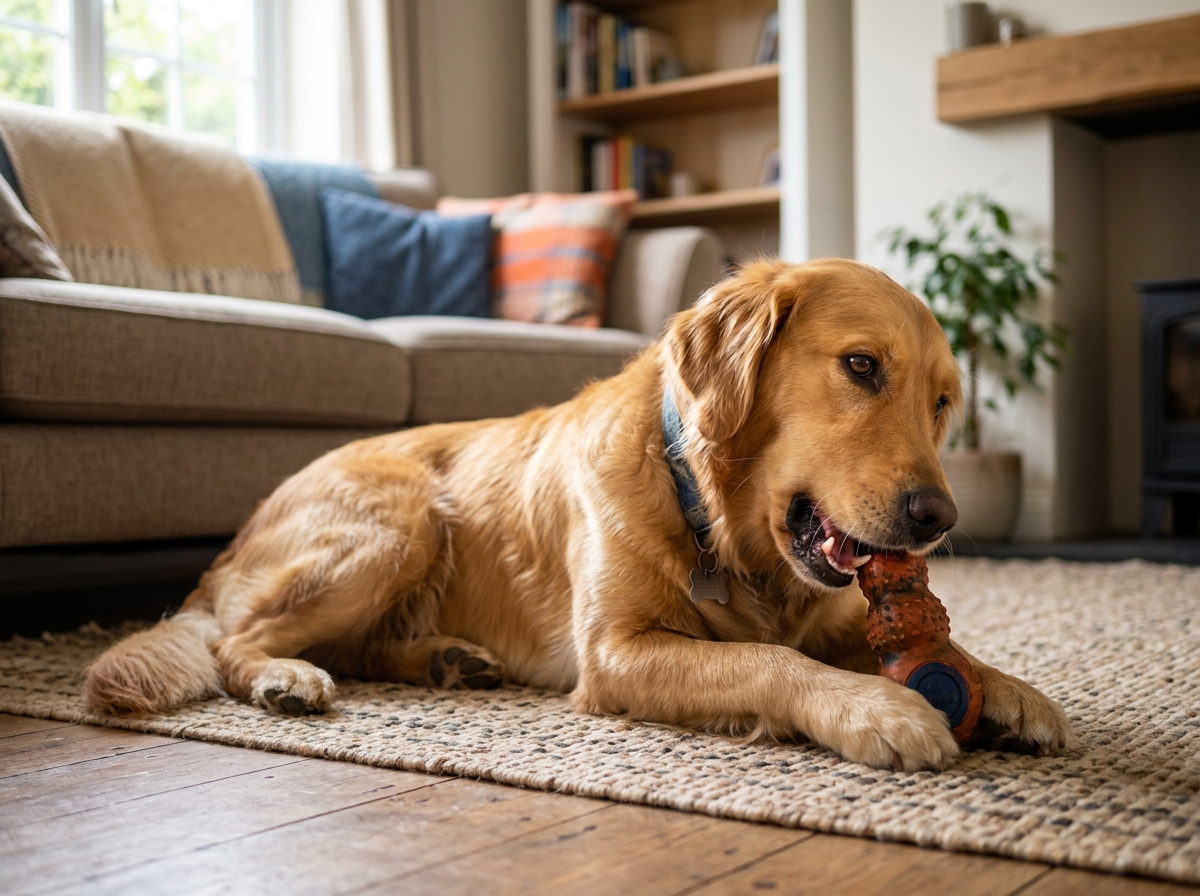 Golden retriever enjoying the Benefits of Dog Chewing with a safe chew toy