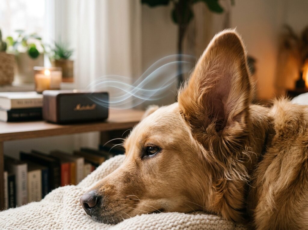 A dog listening to soothing sounds, finding peace through calming music for anxious dogs.