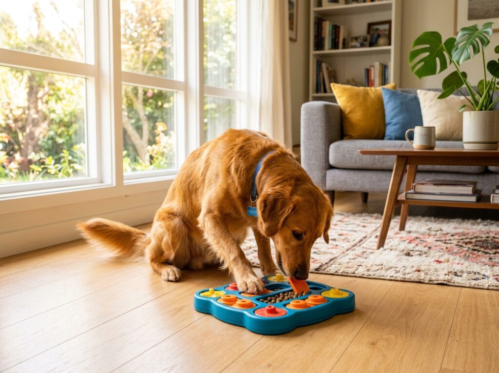 A happy dog eating from a puzzle feeder after the owner stopped mixing treats with dog food