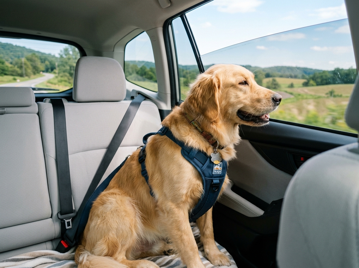 A happy Golden Retriever in a car seat, demonstrating effective dog car sickness solutions for enjoyable travel