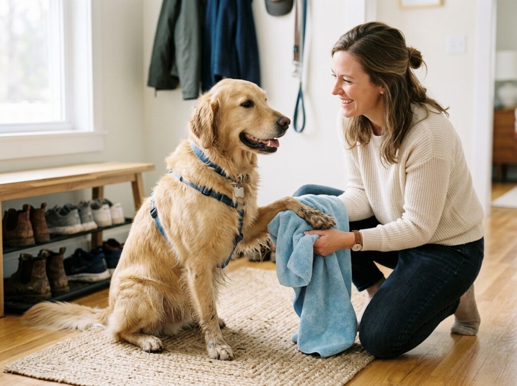 Owner carefully drying dog paws to prevent stinky dog paws and yeast infections