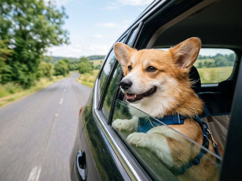A joyful French Bulldog enjoying a car ride, demonstrating the success of effective dog car sickness solutions