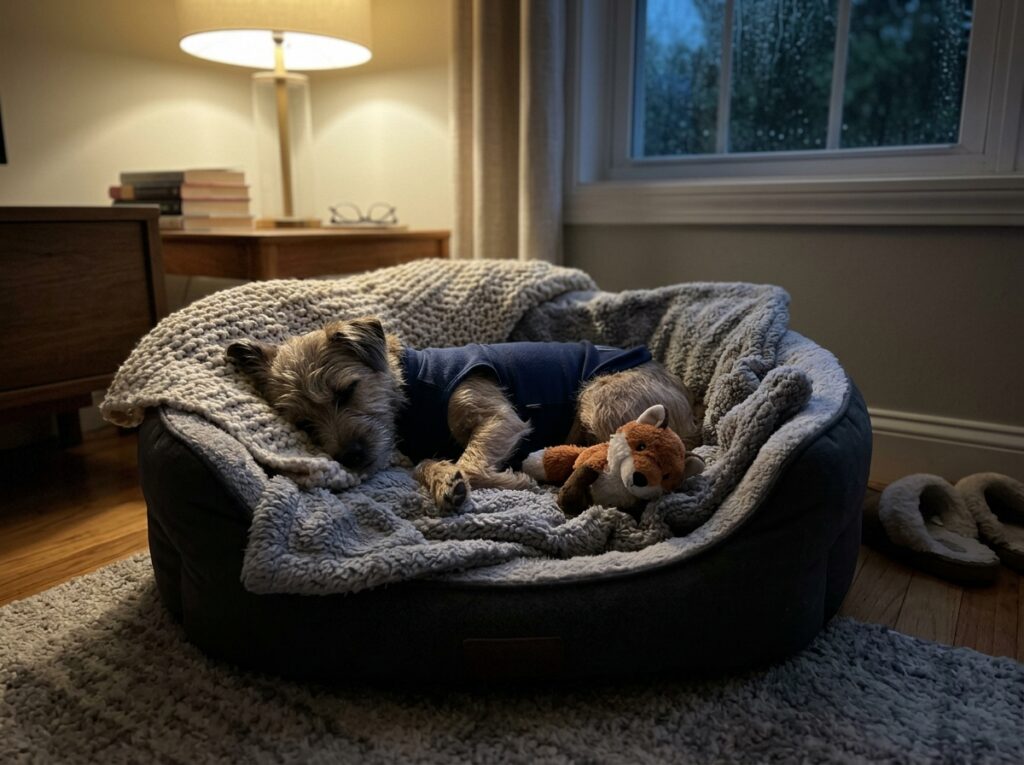 A cozy safe space set up for a dog experiencing thunder phobia.