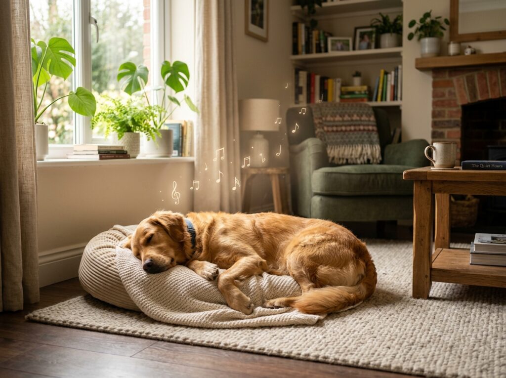 A relaxed dog sleeping soundly at home, benefiting from calming music for anxious dogs.

