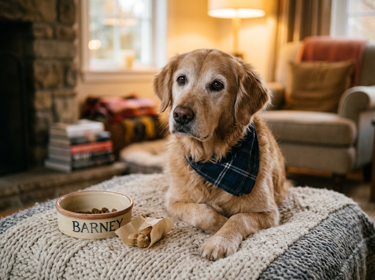 A senior dog looking pensive, perhaps wondering about his senior dog soft treats.