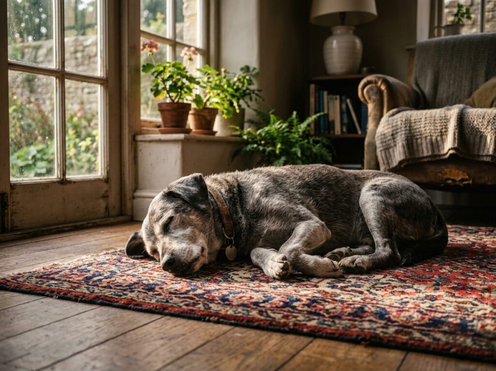 An elderly dog resting on a rug, highlighting the subtle signs of dog sleep deprivation.