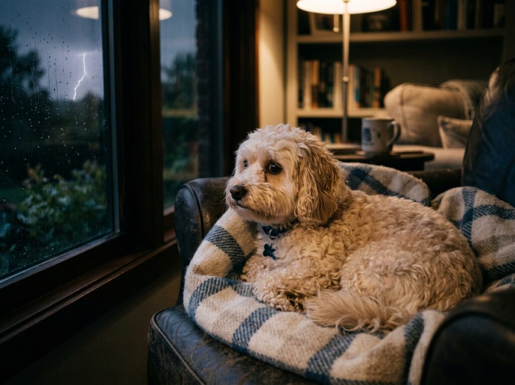 A dog showing signs of fear during a storm, needing help with thunder phobia.