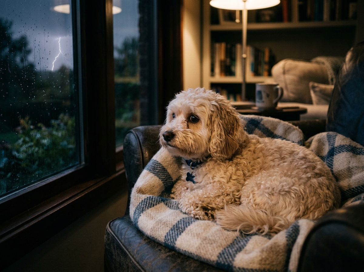 A dog showing signs of fear during a storm, needing help with thunder phobia.