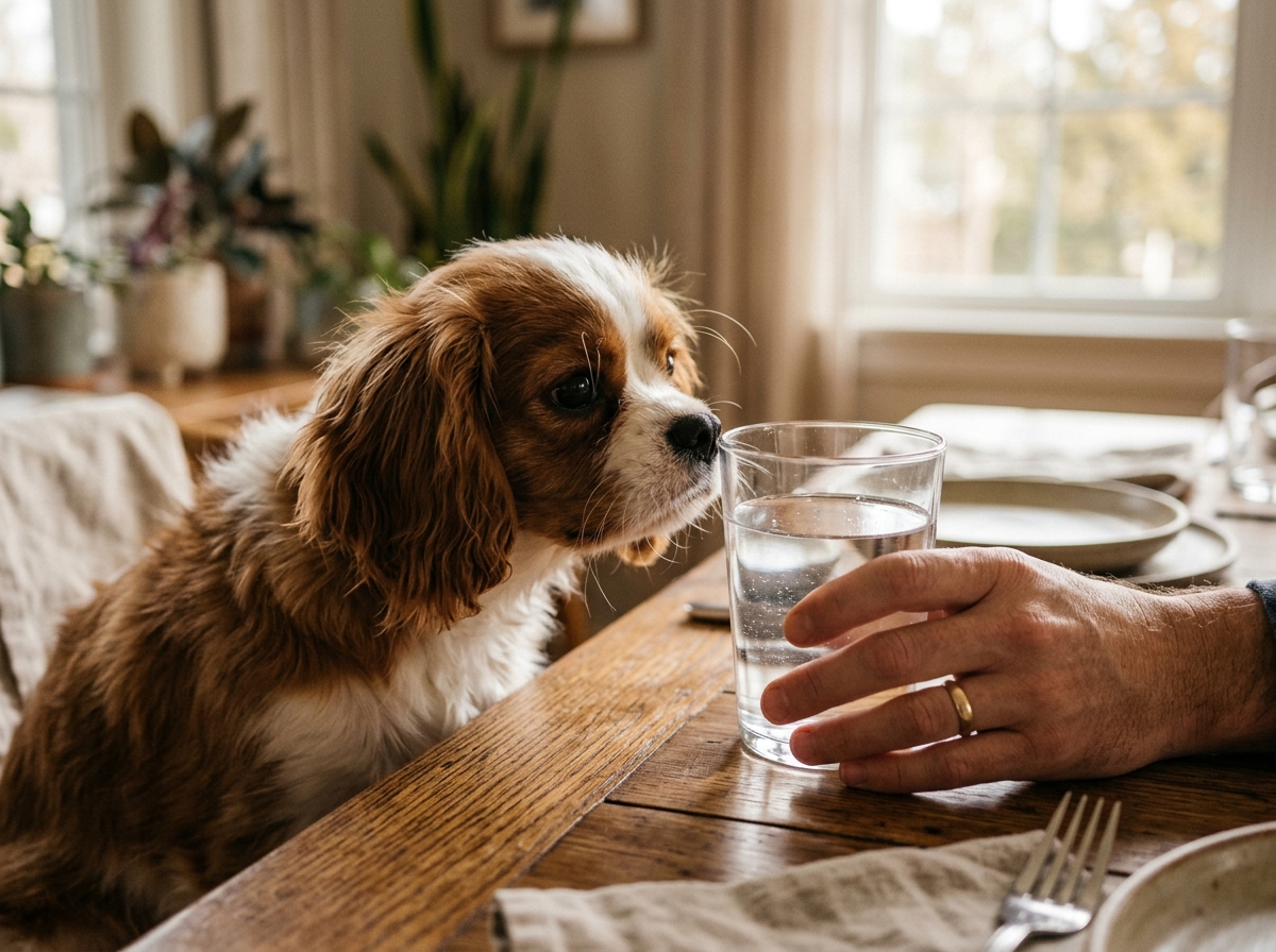 A cute dog showing exactly why dogs prefer human water cups by staring at an owner's glass on a table.