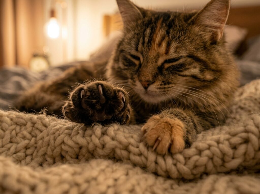A fluffy tabby cat doing cat kneading on a soft blanket