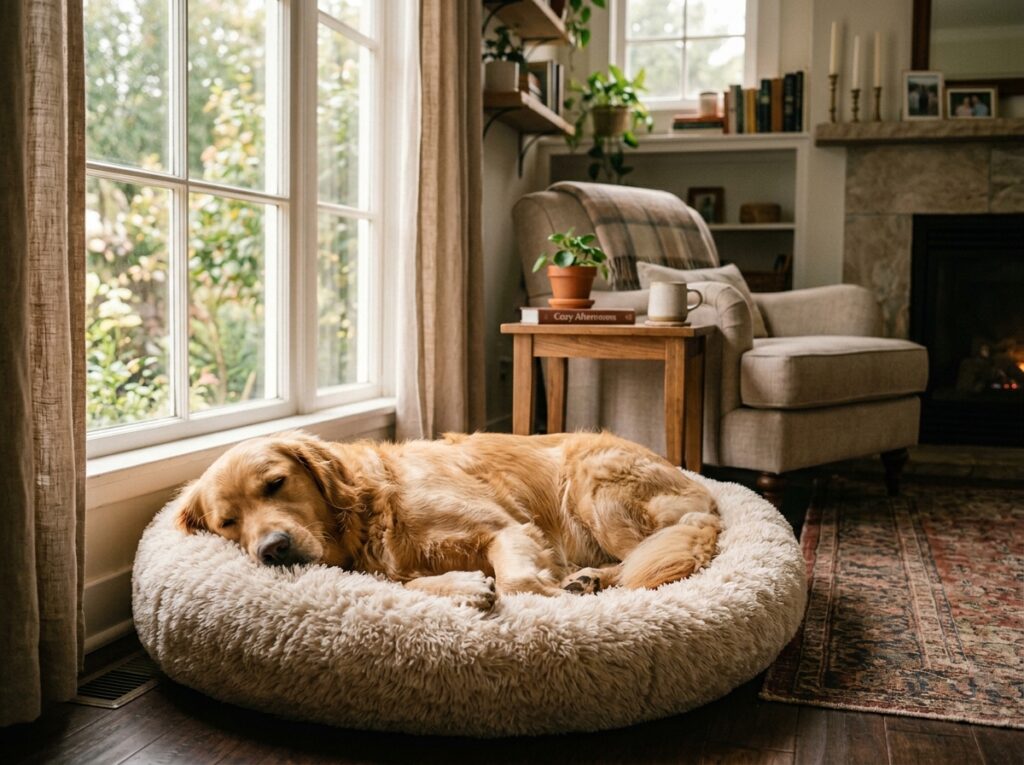 A relaxed golden retriever resting on a soft bed showing why do dogs sigh when content