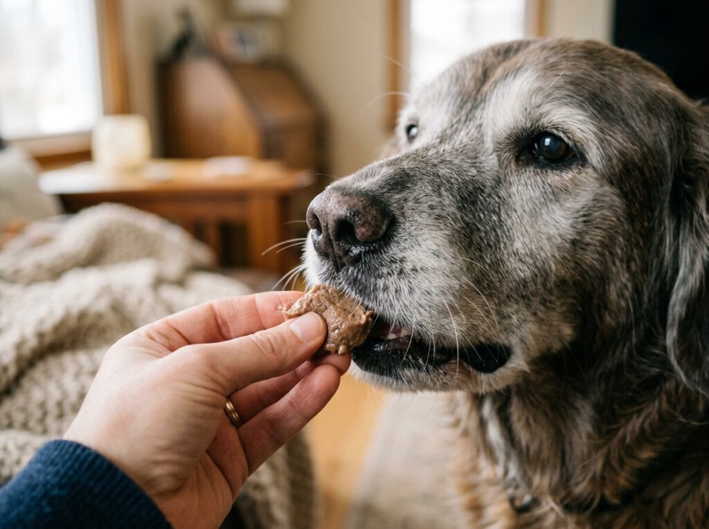 A hand offering a healthy, easy-to-digest senior dog soft treats to an elderly pet.