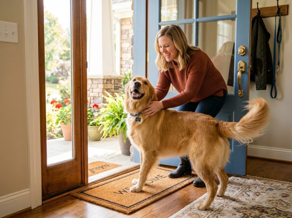 Happy dog tail wagging to the right side to greet its owner